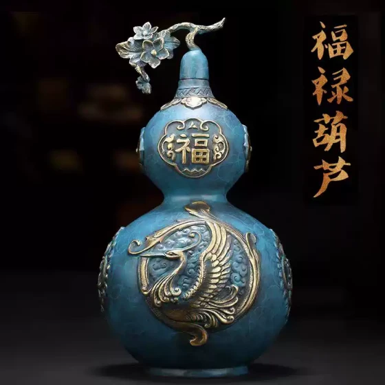 开口铜葫芦摆件铜彩工艺龙凤呈祥八卦对葫芦工艺品酒柜玄关装饰品