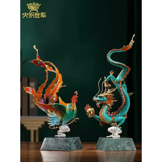 大铜世家黄铜龙凤摆件青龙凤凰装饰品客厅酒柜电视柜开业乔迁礼品