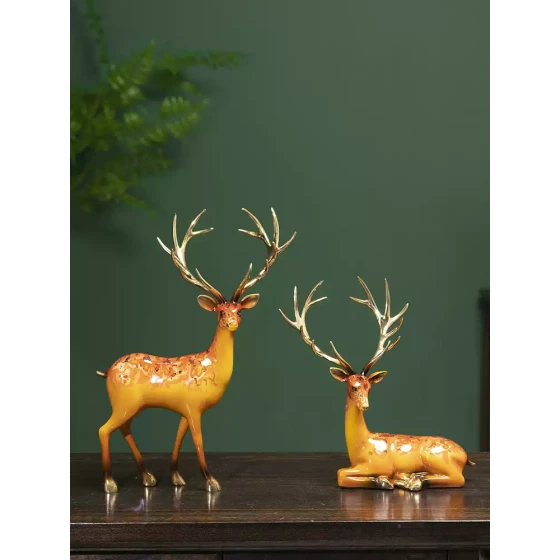 柏梵高档铜鹿摆件新中式客厅玄关大漆铜彩福禄装饰乔迁新居礼品