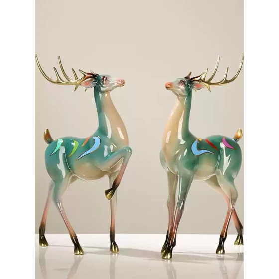 现代轻奢铜彩艺术品九色铜麋鹿摆件新中式客厅玄关装饰品乔迁新居