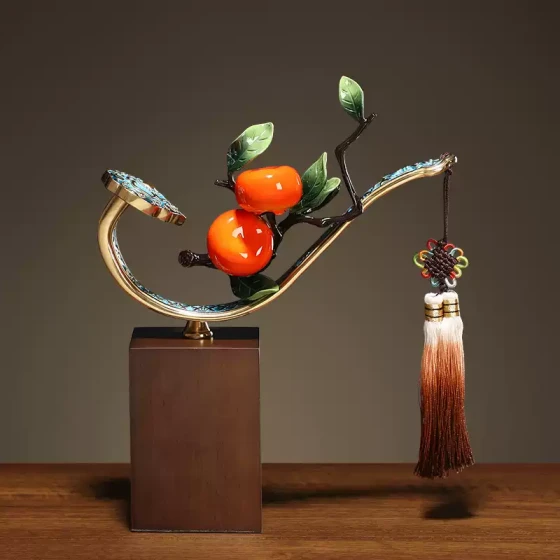 新中式黄铜摆件家用客厅柿柿如意摆设中国风玄关创意珐琅彩装饰品