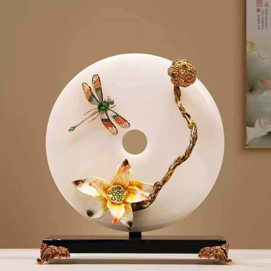 天然玉石平安扣摆件珐琅彩荷花高档新中式家居装饰品乔迁搬家礼物