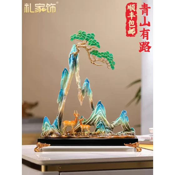 珐琅彩合金艺术品摆件青山有鹿新中式家居客厅酒柜玄关创意装饰品