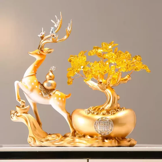 新中式招财鹿发财树摇钱树元宝摆件办公室装饰品开业乔迁礼物礼品